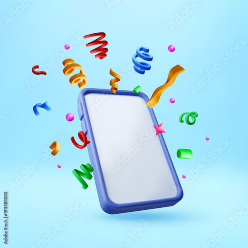3D Smartphone with celebratory confetti and ribbons. Digital event promotion using mobile application. Festive notification concept for online sales. Vector illustration