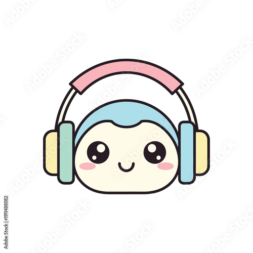 A cute cartoon character wearing colorful headphones and smiling happily on a white background.