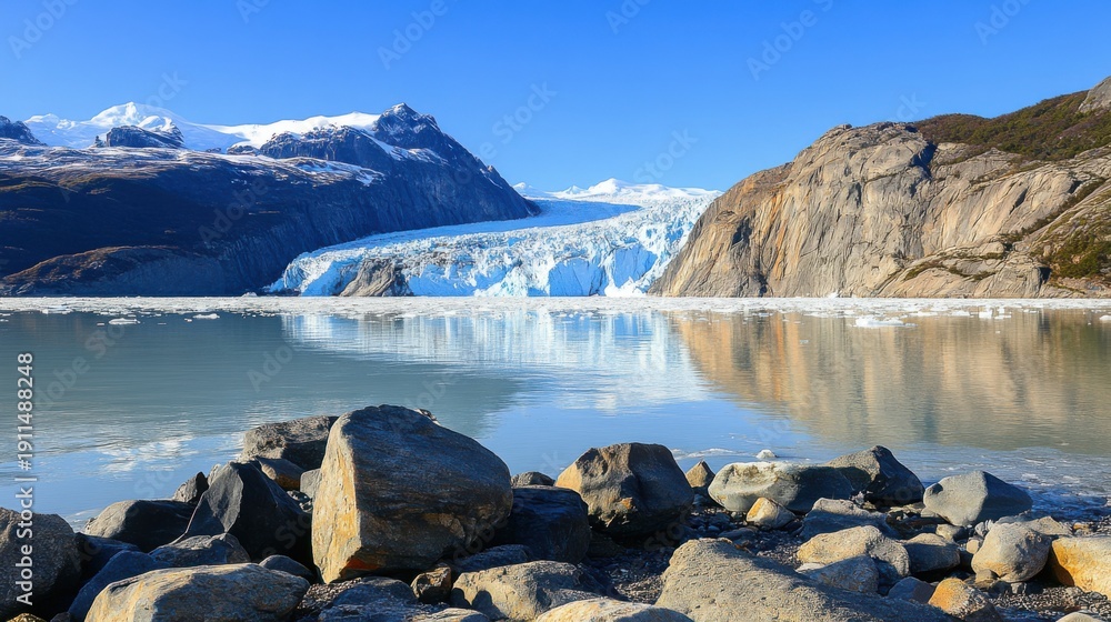 Obraz premium A majestic vast arctic glacier, embraced by towering mountains, spectacularly meets a tranquil blue lake, creating a stunning reflection of the clear sky and surrounding serene landscape.