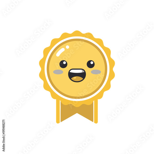 A cartoon golden award ribbon with a smiling face and rosy cheeks is shown.