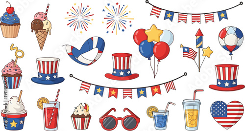 Vibrant Patriotic American Celebration Elements Collection with Festive Decorations and Treats