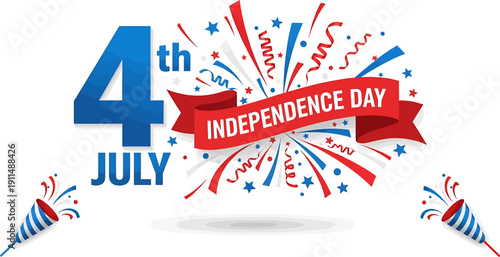 Vibrant 4th of July Independence Day Celebration with Patriotic Confetti and Party Poppers