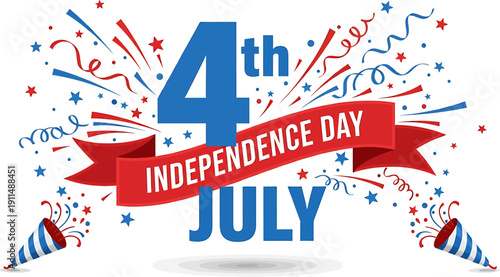 Vibrant 4th July Independence Day celebration vector illustration with festive confetti and party poppers.