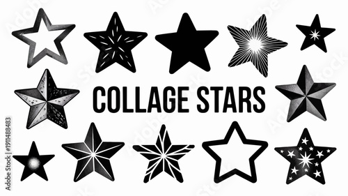A collection of diverse stars is displayed varying in design and texture accompanied by the text collage stars high quality professional detailed modern elegant stylish clean