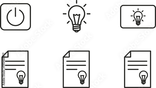 Energy And Idea Icon Set Vector Power Button Lightbulb And Document Symbols For Business Creativity And Technology Design
