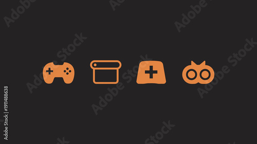 A minimalist graphic displays four orange icons against a dark gray background a gamepad a package a plus sign and an owl high quality professional detailed