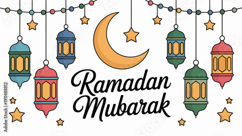 A colorful ramadan kareem illustration features a crescent moon decorative lanterns and twinkling stars with the text ramadan mubarak high quality professional detailed modern elegant stylish