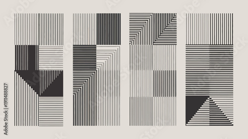 A geometric abstract artwork showcases four panels with dense parallel lines creating varying shades and patterns in grayscale tones high quality professional detailed modern elegant stylish