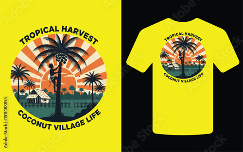 A vibrant t shirt design showcases a tropical scene with a coconut tree sun rays and village life