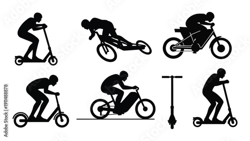 A collection of various silhouettes of people engaging in different types of wheeled activities Vector