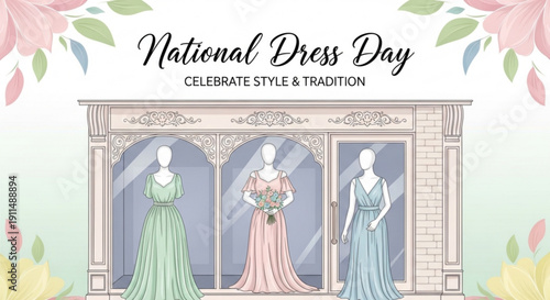 Mannequins in elegant dresses displayed in a storefront window on national dress day celebrating style and tradition with floral decorations