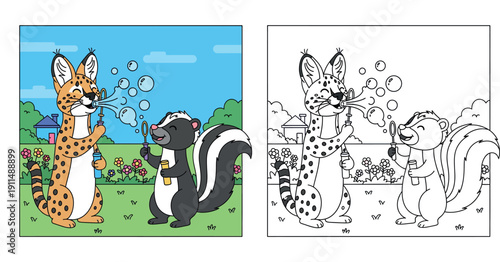 Cute cartoon lynx and skunk blowing soap bubbles in garden, funny animal friends playing together outdoors, vector illustration for kids with house and nature background.