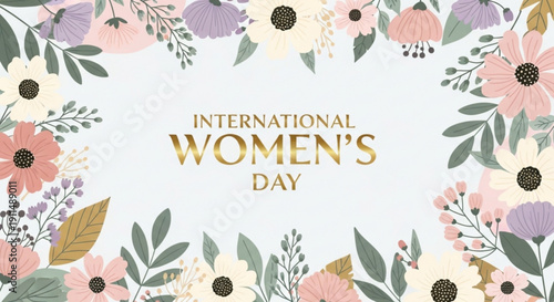 International women's day celebration with floral border and gold text on white background