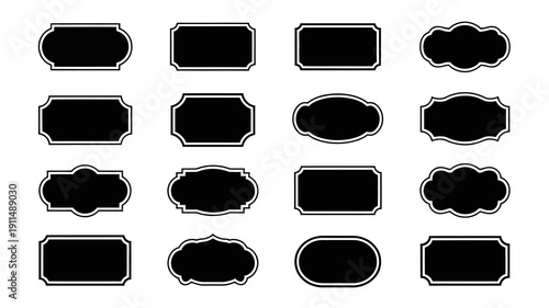 A collection of twelve black frames with varying shapes and ornate detailing arranged in a grid pattern on a white background high quality professional detailed modern