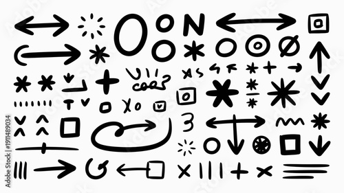 A chaotic collection of hand drawn black symbols and doodles fills the frame including arrows circles stars and abstract shapes high quality professional detailed modern elegant