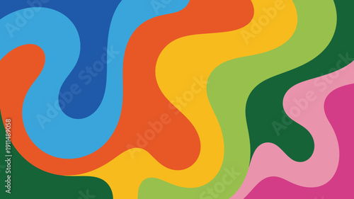 A vibrant abstract composition features flowing ribbon like shapes in a spectrum of bold colors creating a dynamic and playful visual experience high quality professional detailed