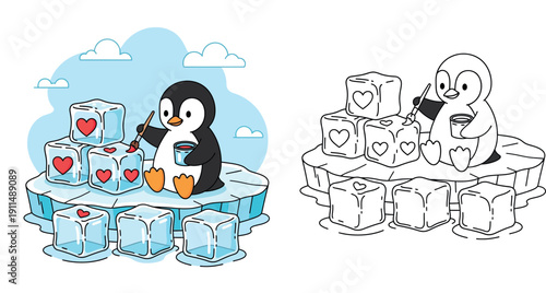 Cute cartoon penguin artist painting red hearts on ice cubes. Happy winter animal character holding