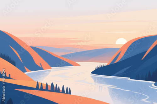 River valley landscape with warm sunset glow, colorful hills, winding water reflections, and tree silhouettes.