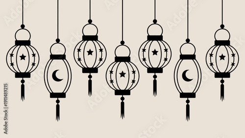 A decorative arrangement showcases six black hanging lanterns featuring crescent moons and stars against a neutral beige background high quality professional detailed modern elegant stylish clean