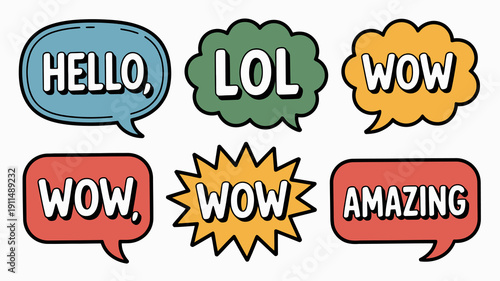 A colorful collection of speech bubbles displays various exclamations including hello lol wow and amazing in a playful design high quality professional detailed modern elegant stylish