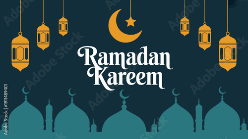 A vibrant ramadan kareem greeting features a golden crescent moon ornate lanterns and stylized mosque silhouettes on a teal background high quality professional detailed modern elegant