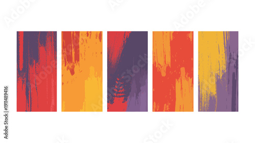 An abstract art piece features five vertically oriented rectangular canvases with vibrant textured brushstrokes in warm tones high quality professional detailed modern elegant stylish clean crisp