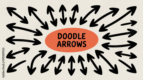 A circular arrangement of hand drawn black arrows points inwards towards a central red text label reading doodle arrows high quality professional detailed modern elegant stylish