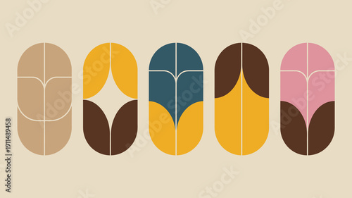 A row of five abstract stylized shapes resembling arched doorways or pods in muted earthy tones against a pale background high quality professional detailed modern elegant