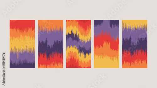 A vibrant arrangement of five rectangular panels displays abstract colorful gradients resembling sound waves or energetic textures high quality professional detailed modern elegant stylish clean crisp