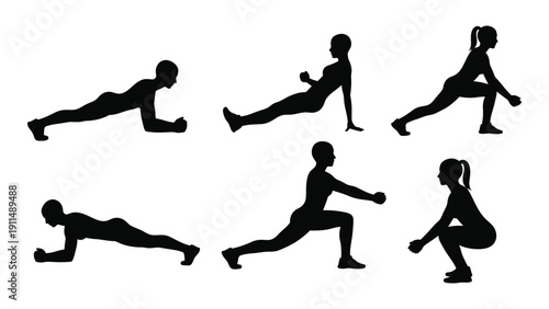 Six silhouetted figures demonstrating various exercise and yoga poses Vector