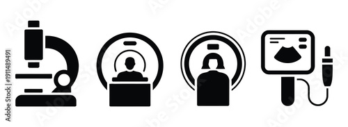 Medical imaging solid icon set, radiology diagnostics featuring X ray machine, CT scanner, MRI system and ultrasound equipment