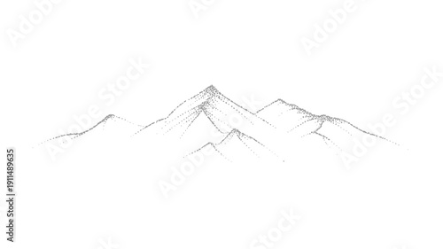 A minimalist black and white line drawing depicts a range of jagged overlapping mountains against a stark white background evoking serenity high quality professional detailed modern