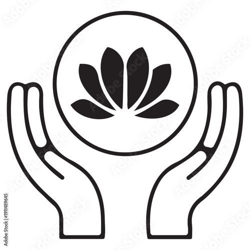 Zen hands cradling lotus flower in circle, representing peace, harmony, wellness, and spirituality in a simple line art style.