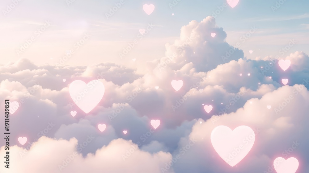 Fototapeta premium Floating pink hearts in a dreamy pastel sky with soft clouds