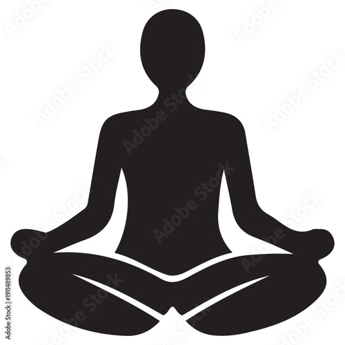 Black silhouette icon of a person meditating in a lotus pose, representing yoga, mindfulness, peace, and spiritual practice.