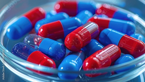 Blue and red medicine capsules in glass dish
