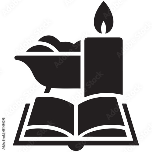 A lit candle rests on an open book next to a bathtub with bubbles, representing relaxation, self-care, reading, and a peaceful bath experience.