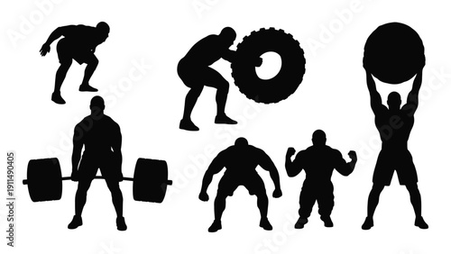 Silhouettes of people performing various weightlifting exercises and carrying heavy objects. Vector