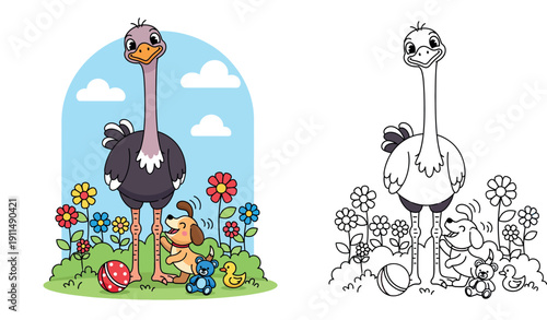 Cute cartoon ostrich standing with a happy puppy dog in a flower garden with toys, funny animal friends vector