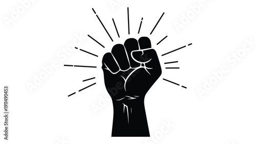 A clenched fist with radiating lines symbolizing power and unity. Vector
