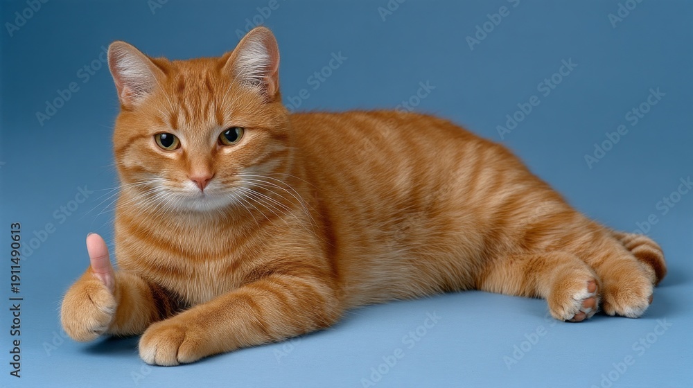 Fototapeta premium A delightful ginger cat lounges on a vibrant blue surface, confidently giving a thumbs up with its paw