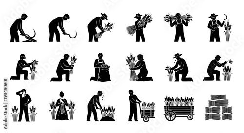 Minimalist black silhouette icon set featuring 12 different farmers harvesting wheat arranged in a clean structured grid. Each icon presents unique agricultural actions such as cutting wheat with