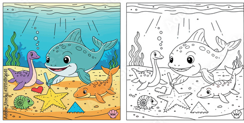 Cute cartoon shark and prehistoric sea animals drawing shapes in the sand, educational underwater