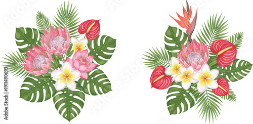 Tropical flower arrangements with pink and white blooms and greenery