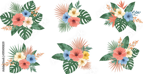 Tropical floral arrangements with pink and yellow flowers and green leaves