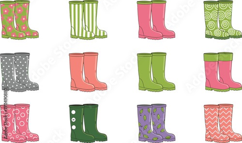 Set of twelve colorful patterned rubber rain boots for gardening and autumn fashion in flat vector style