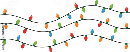 Three rows of wavy colorful holiday string lights in a clean minimalist flat vector style,