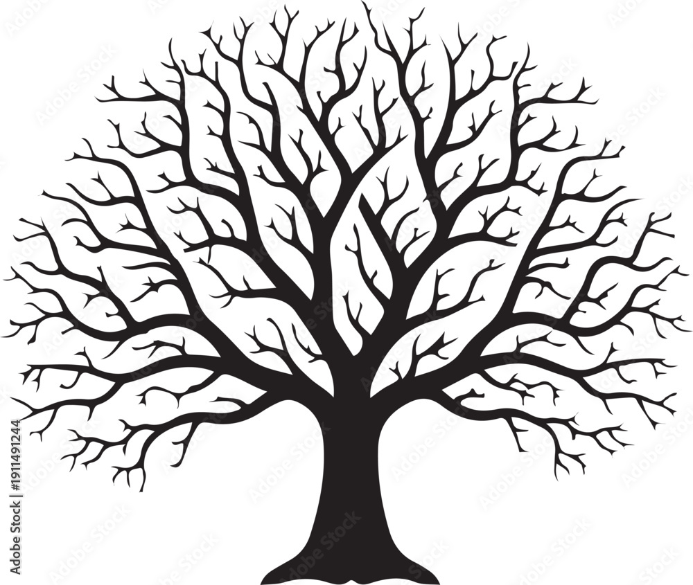 Fototapeta premium Elegant vector silhouette art of a leafless winter tree, featuring complex bare branches, ideal for sophisticated nature-inspired graphic design