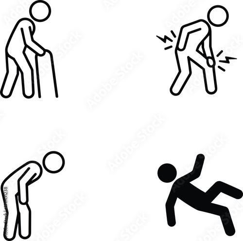 Human silhouette icon set depicting physical challenges including an elderly person with a cane joint pain body aches and a slipping fall accident