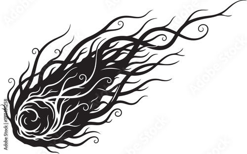 Comet Silhouette Illustration Vector Design with Flowing Trails on Transparent Background, Celestial Body Abstract Graphic Art